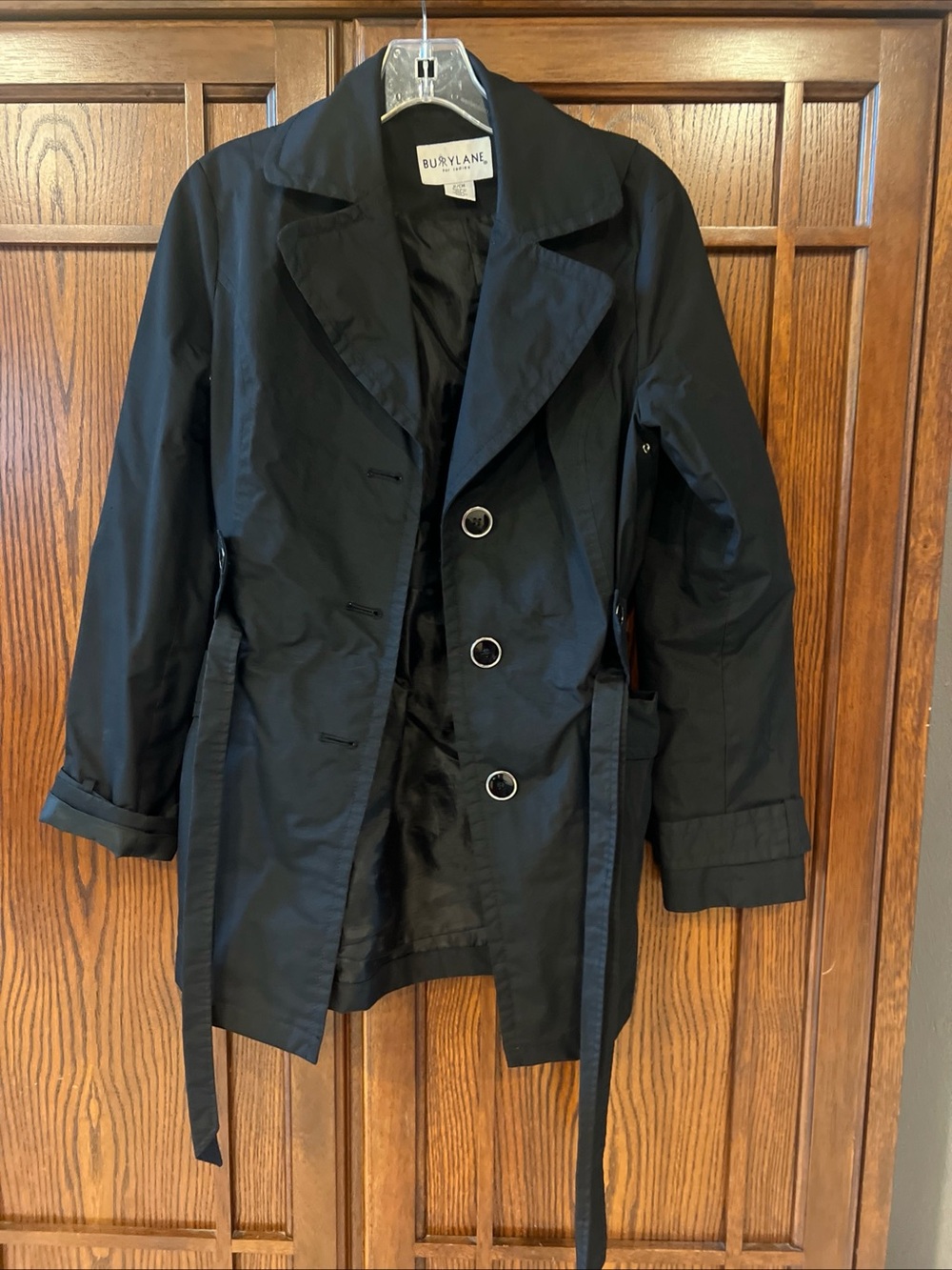 Burry Lane Women Black Trench Coat Jacket SZ Small Belted Double Breasted Short